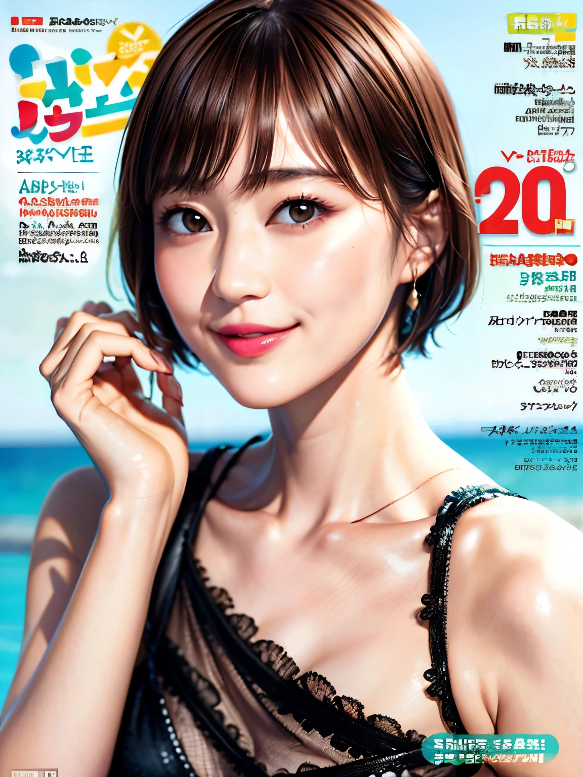 235 20-year-old female, short hair, Summer travel magazine, A kind smile, lipstick, Photo quality, Ultra-realistic