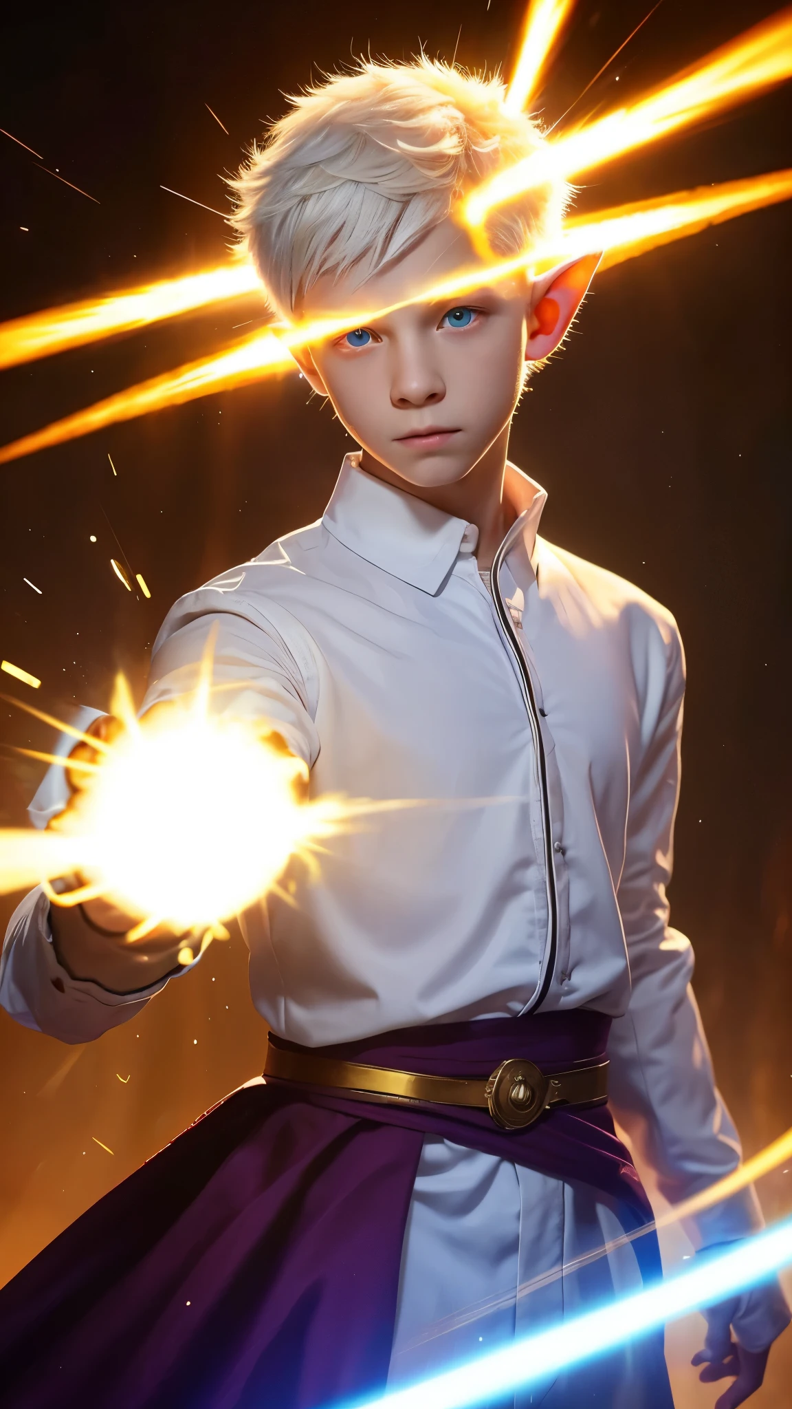 -yeld boGood person, White skinned albino, Short white hair, White hair covering the ears, Giant elf ears, Pointy hairy ears, Purple eyes, Light firepower, The power of the sun, Pyrokinesis, material manipulation, No anger, Golden Clothes, Fully clothed, Wear a shirt, No muscles