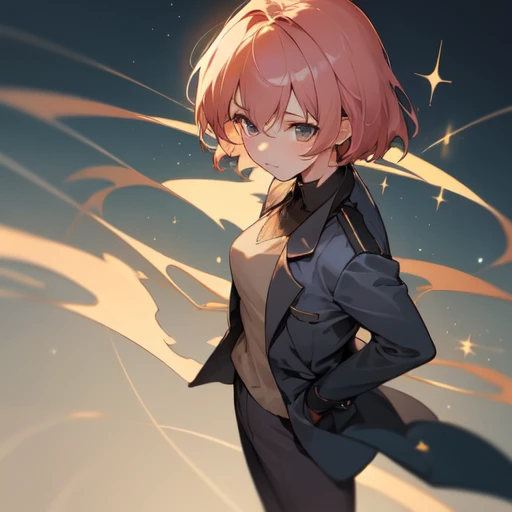 (absurdres), (perfect anatomy), (ingenious angle), (sparkle background), pastel colors, beautiful composition, RAW photo, extremely delicate and beautiful, aesthetic, 1 girl, medium hair, pink beige hair, navy blue suit, large size suit, oversized jacket, freefall position, from above, dark background, emotional, fantastic, perfect composition, trending pixiv fanbox, clear eyes, anime hand drawn illustration, produced by anime painter studio,