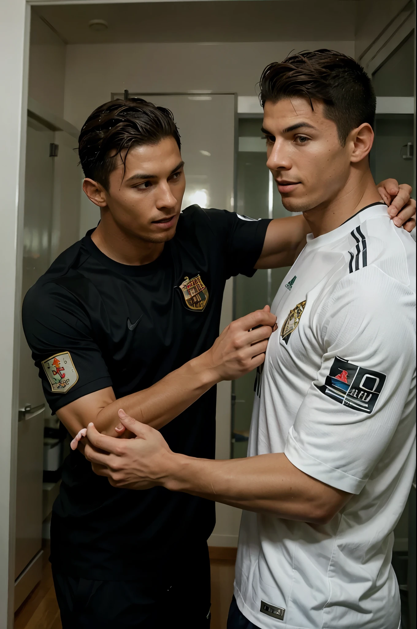 Messi messing around with Cristiano Ronaldo