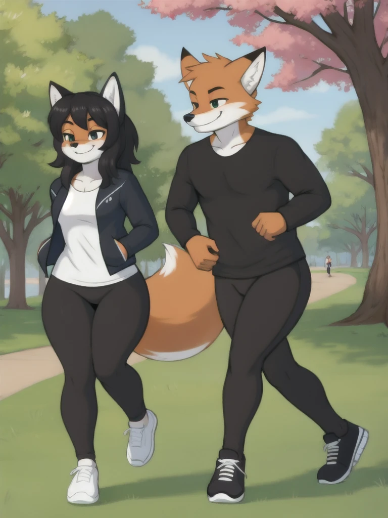 Furry, fox, smile, black leggings, white shirt, jogging with a partner, park,