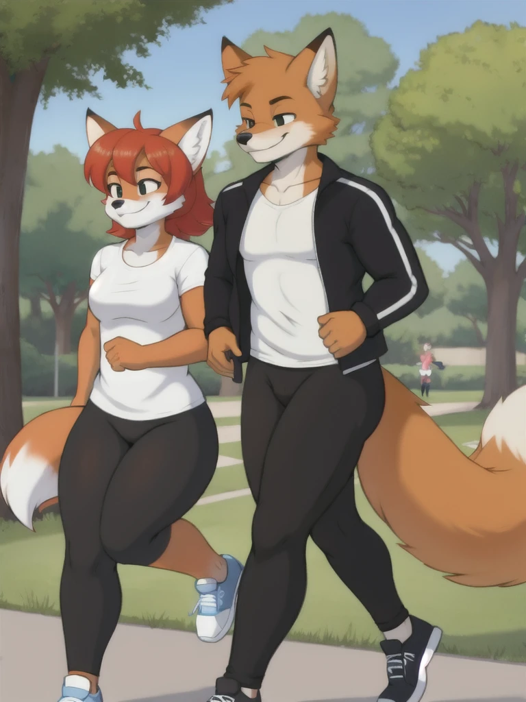 Furry, fox, smile, black leggings, white shirt, jogging with a partner, park, teen