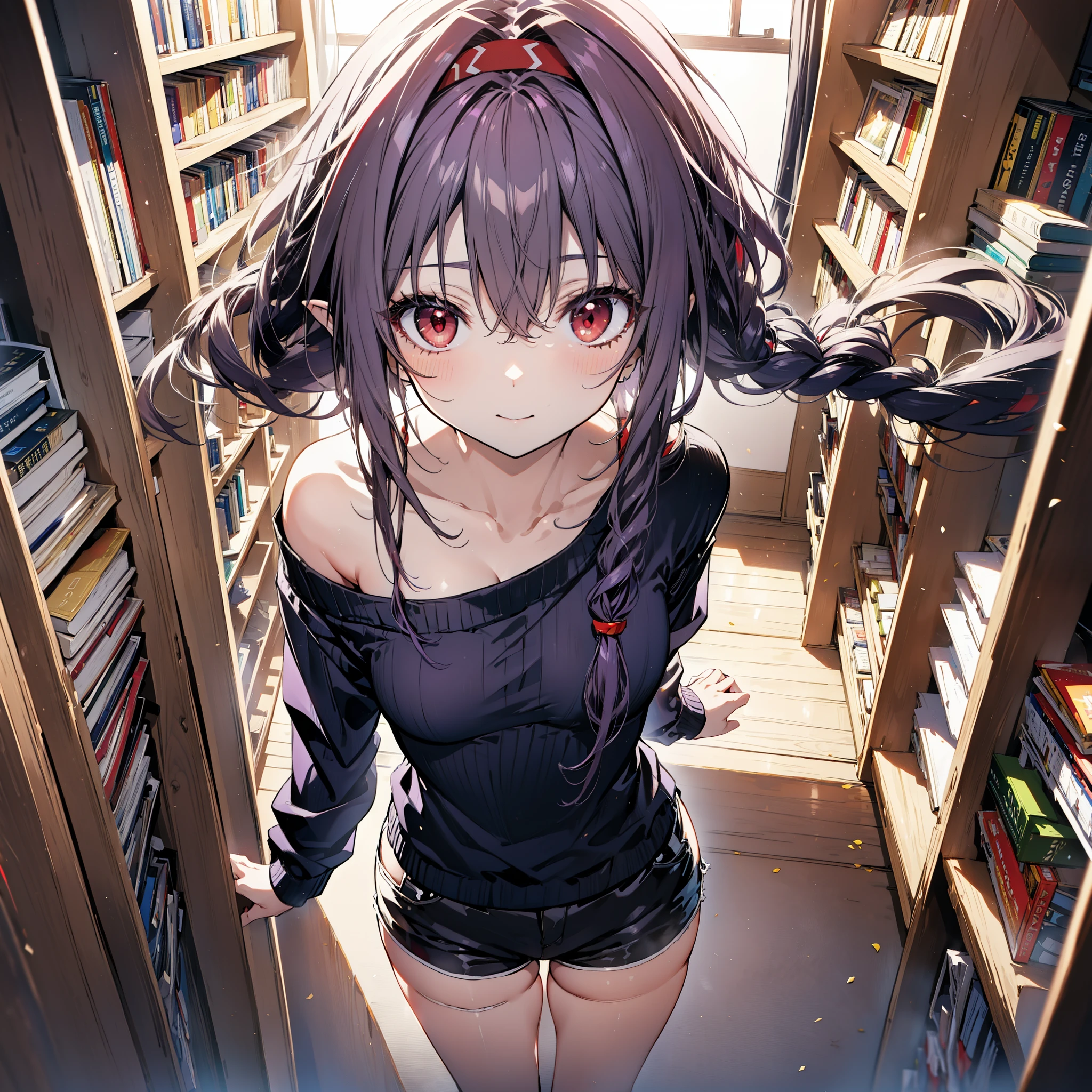 yuukikonno, Konno Yuuki, hair band, Long Hair, Pointed Ears, Purple Hair, (Red eyes:1.5), (Small breasts:1.2), Close your mouth,smile、,Long braids,Black-rimmed glasses,Oversized one-shoulder sweater,Shorts,short boots,Holding a book in both arms,
break looking at viewer, whole body,(Cowboy Shot:1. 5)
break indoors, figure書館,
break (masterpiece:1.2), highest quality, High resolution, unity 8k wallpaper, (figure:0.8), (Beautiful fine details:1.6), Highly detailed face, Perfect lighting, Highly detailed CG, (Perfect hands, Perfect Anatomy),