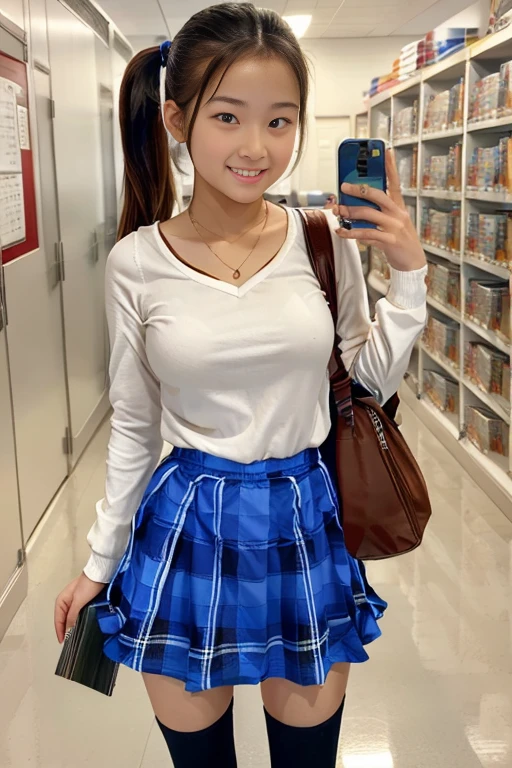 A age girl stands in front of a locker, her crisp and clean. The plaid skirt falls just above her knees, and the white blouse is neatly tucked in. Her hair is styled in a high ponytail, and she holds a stack of books in her arms. The hallway is bustling with students, but she stands out with her confident posture and bright smile.