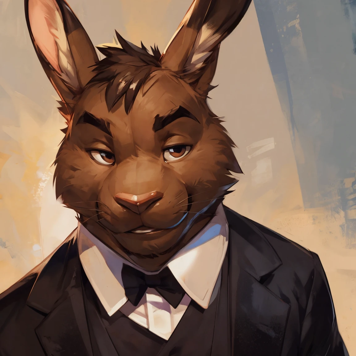 Light brown hare, in one color tone, with long ears, in tuxedo, black tuxedo, handsome, attractive, by darkgem, by mystikfox61, by glitter trap boy
