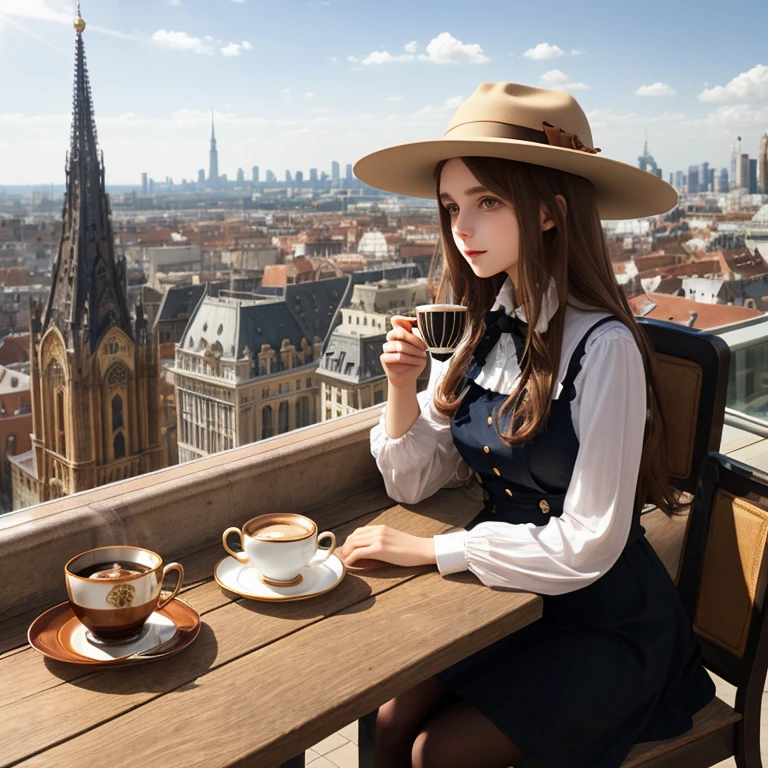 animeR,European beautiful girl, brown hair, building, city, cityscape, coffee, cup, food, hat, long hair, real world location, saucer, sitting, skyscraper, solo, table, teacup, sunlight