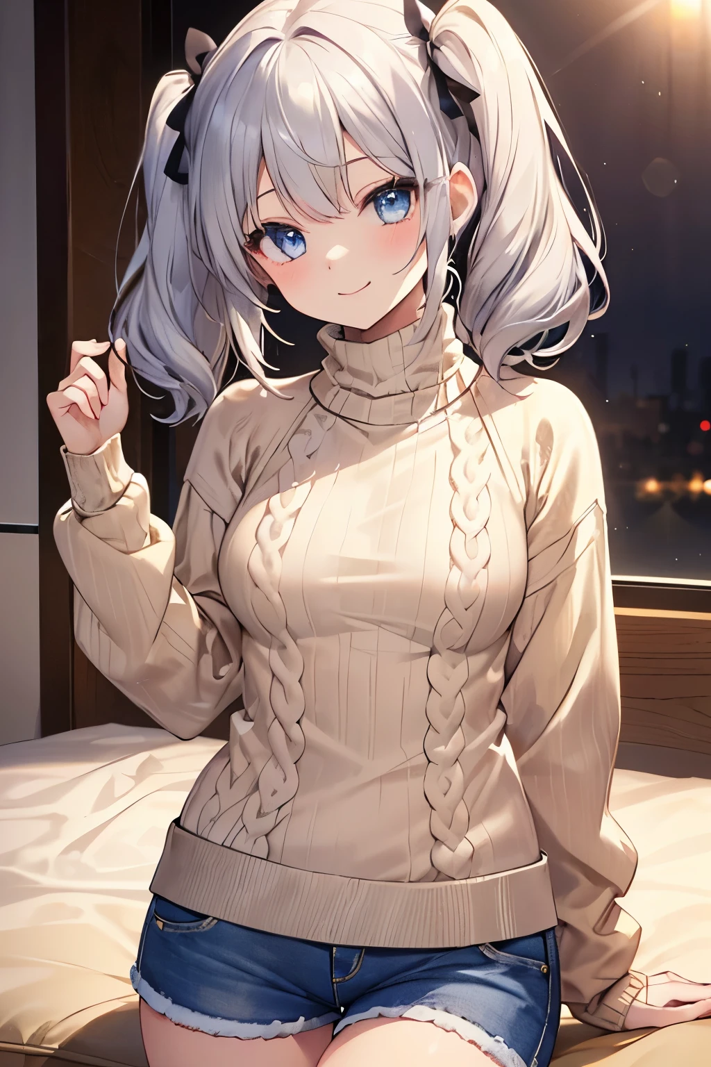 Silver Hair、Blue Eyes、girl、Small breasts、Twin tails、girl、Small breasts、Lolita、Bright smile、Looks about 15 years old、Petan Musume、short、目のhighlight、Sexy thighs、(Long knit sweater with beige high neck:1.4), ,(Blue jeans fabric shorts),Your eyes are so beautiful、highlight