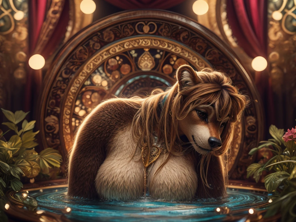 (Mucha style) , Bokeh , naked Photo session advertisement , Hallucination, daydream , realistic hairy fur , messy female , in the luxury hotel , artistic porn pose , erotica , show off Private parts , can not stand it any longer, Squirting pee , Water droplets splashing , round face , moist round eyes , Swollen cheeks , hair ties