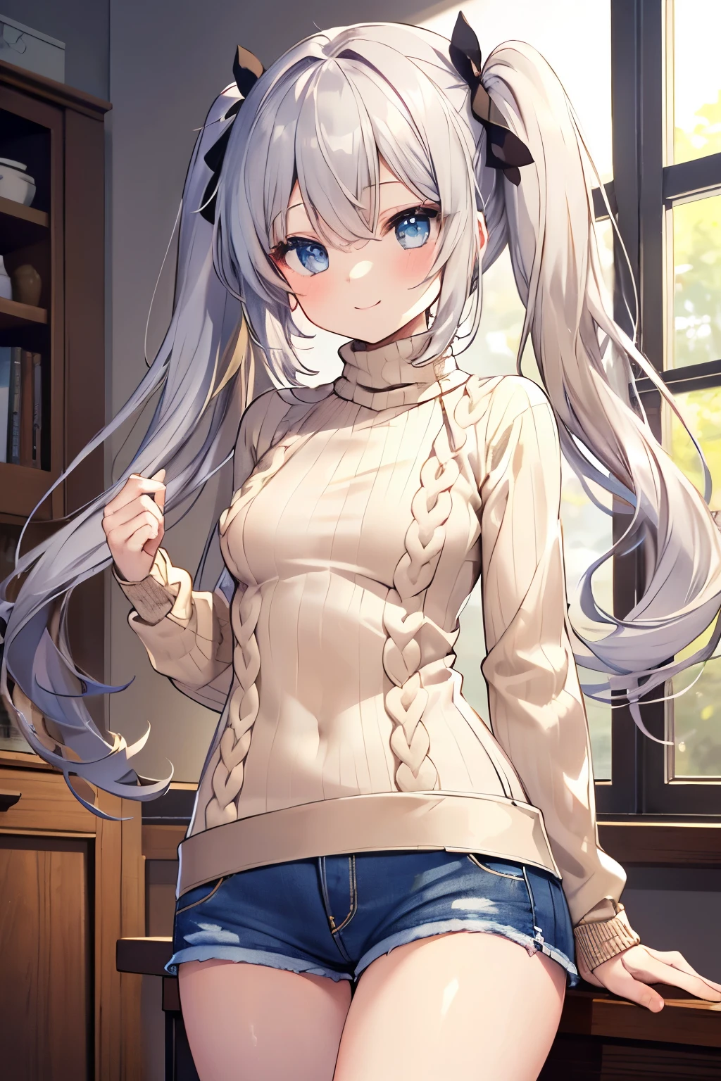 Silver Hair、Blue Eyes、girl、Small breasts、Twin tails、girl、Small breasts、Lolita、Bright smile、Looks about 15 years old、Petan Musume、short、目のhighlight、Sexy thighs、(Long knit sweater with beige high neck:1.4), ,(Blue jeans fabric shorts),Your eyes are so beautiful、highlight