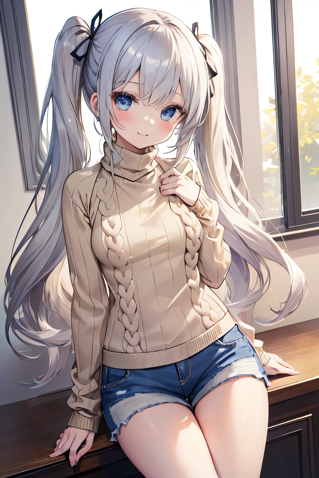 Silver Hair、Blue Eyes、girl、Small breasts、Twin tails、girl、Small breasts、Lolita、Bright smile、Looks about 、Petan Musume、short、目のhighlight、Sexy thighs、(Long knit sweater with beige high neck:1.4), ,(Blue jeans fabric shorts),Your eyes are so beautiful、highlight
