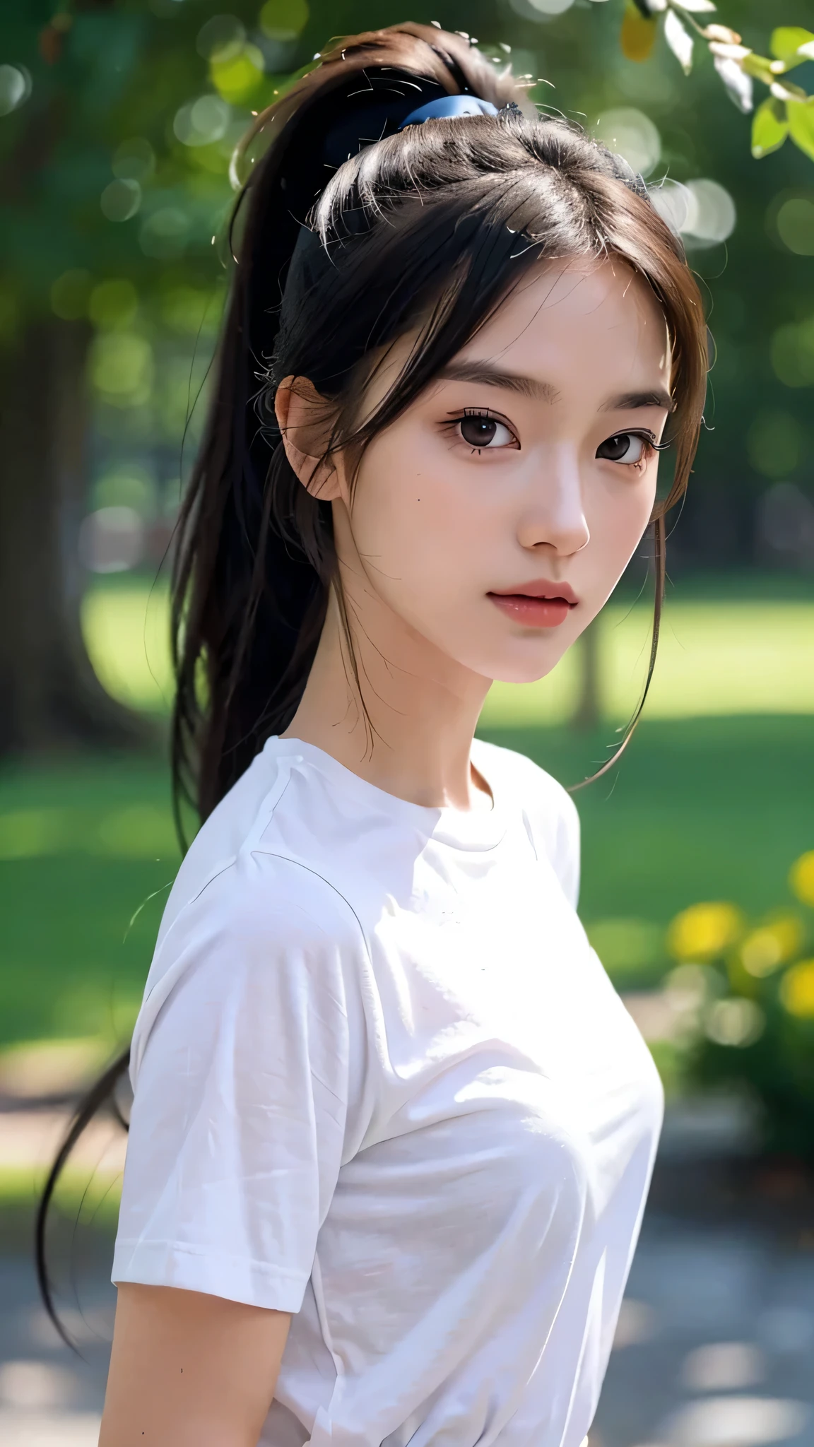 Black underwear shows through the white T-shirt,jeans,outdoors,Urban Park,On the lawn,One woman,close up face,fully body photo,masutepiece, The highest image quality, High quality, the background is clear,Beautiful woman, Japanese, Detailed, Detailed eyes, Detailed skin, Beautiful skin, 超hight resolution, (reality: 1.4),Very beautiful woman, Slightly younger face, Beautiful skin, slender, (Ultra photo realsisim), (hight resolution), (8K), (Very detailed) (beautifully detailed eyes), (super detailed), (Detailed face), view the viewer, Fine details, Detailed face, Staring straight ahead, Staring straight ahead, photos realistic, Bright lighting, Professional Lighting, Black hair,poneyTail,a baby face,sixteen years old,Hairstyle: ponytail,Long ponytail hairstyle,slight smile,
