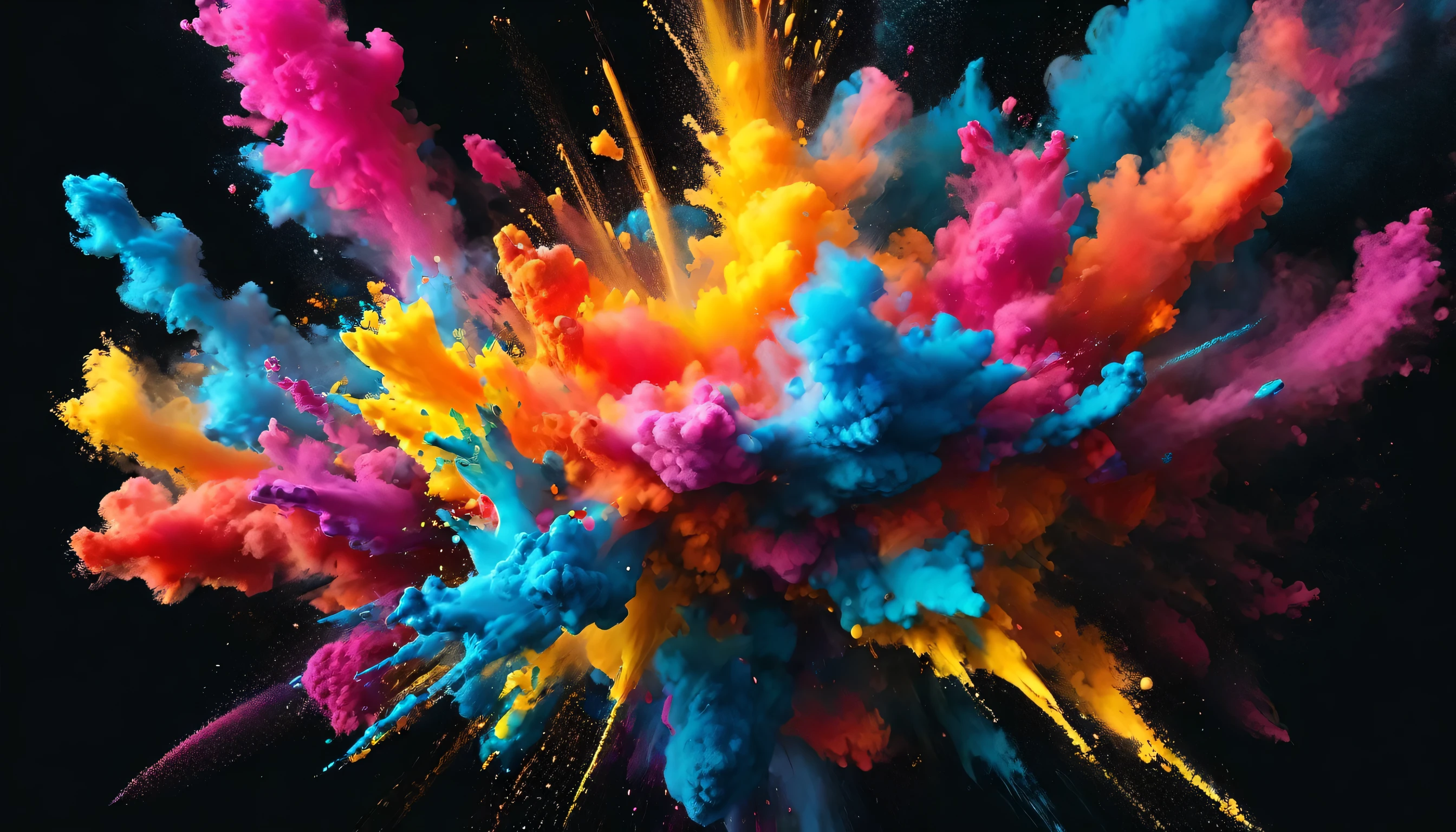 The colorful paint explosion looks realistic, isolated on a black background. Abstract colored background, Explosion of colorful powder, with 3D rendering effect