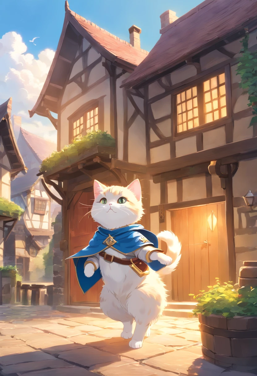 A munchkin cat dressed as a knight casts a powerful spell on top of a house in a small medieval village