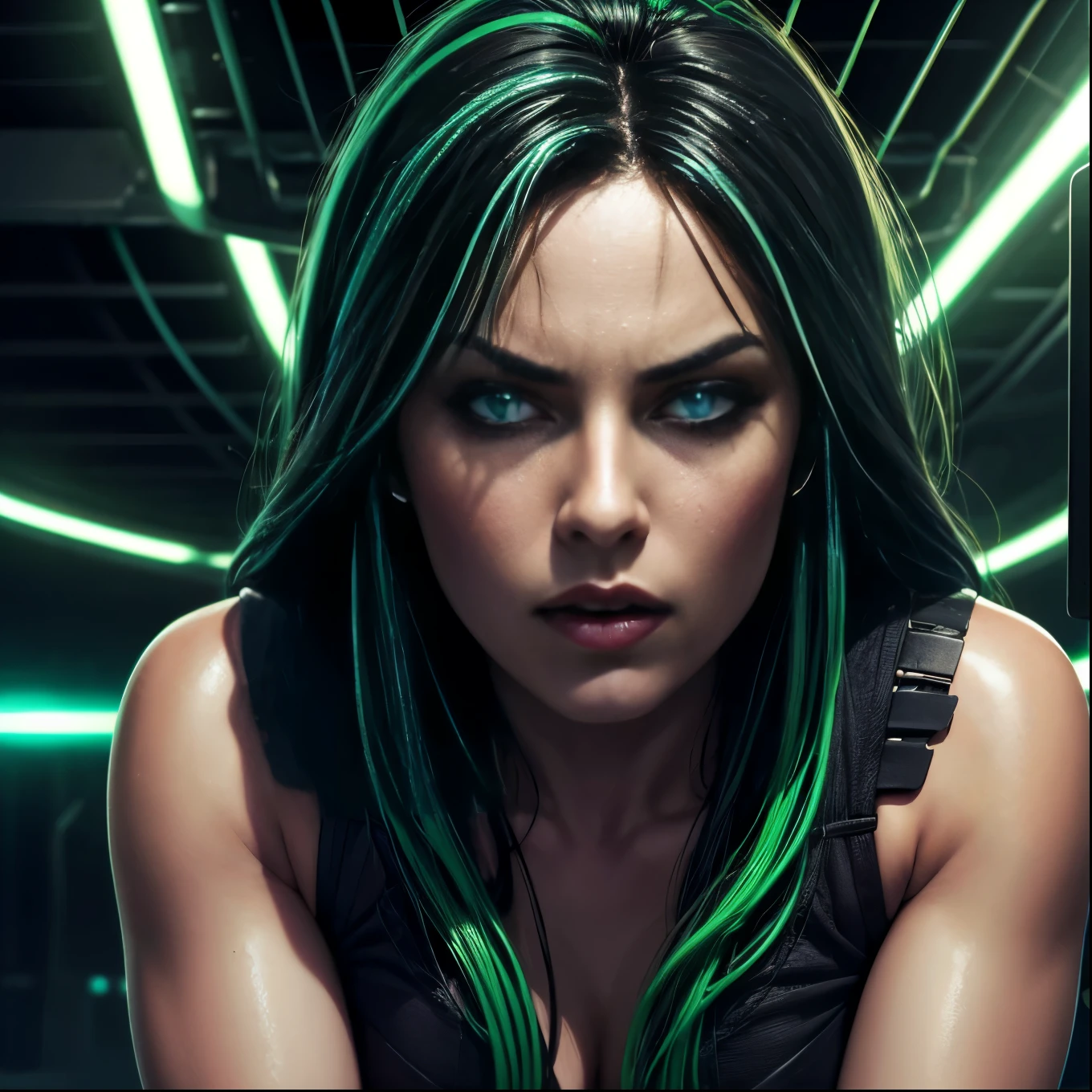 score_9, score_8_up, score_7_up, score_6_up, score_5_up, shodanSS_soul3142, masterpiece, best quality, highres, HDR, ultra-detailed, extremely detailed CG unity 8k wallpaper, perfect artwork, 1girl, glowing eyes, green theme, tube in head, cables, neon, science fiction, circuit board background, ,4k,sharp image,detailed, sexy, extremely detailed artgerm,  (masterpiece, best quality:1.2),  (insanely detailed, beautiful detailed, masterpiece, best quality), (insanely detailed, masterpiece, best quality)  