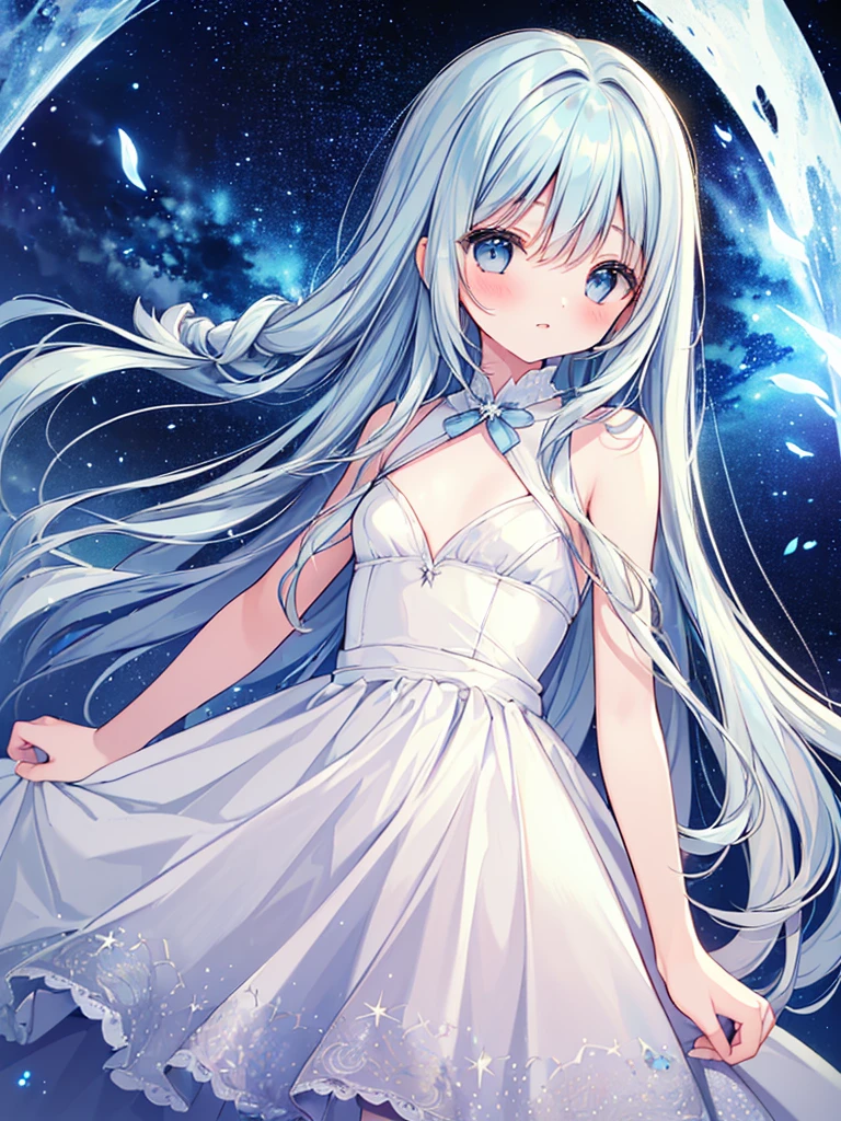 ((masterpiece, best quality, extremely detailed, absurdres)),, masterpiece, best quality, extremely detailed, (((light blue long hair))), long hair cute anime faces,detailed light,parted lips,shiny、beautiful detailed face,,longhair、(((( light blue long hair)))),,10 years old, , 1girl, solo, flat chest, blush, bangs, , flat chest,32k,(((quality: Best picture quality))), ((Painting style: 𝓡𝓸𝓶𝓪𝓷𝓽𝓲𝓬)), (newlyweds:1),(Look at the stars at the top of the mountain),(wedding gown),(Business suit),(Shine the stars:1.5), Romantic couple photos, cinematic Film still from