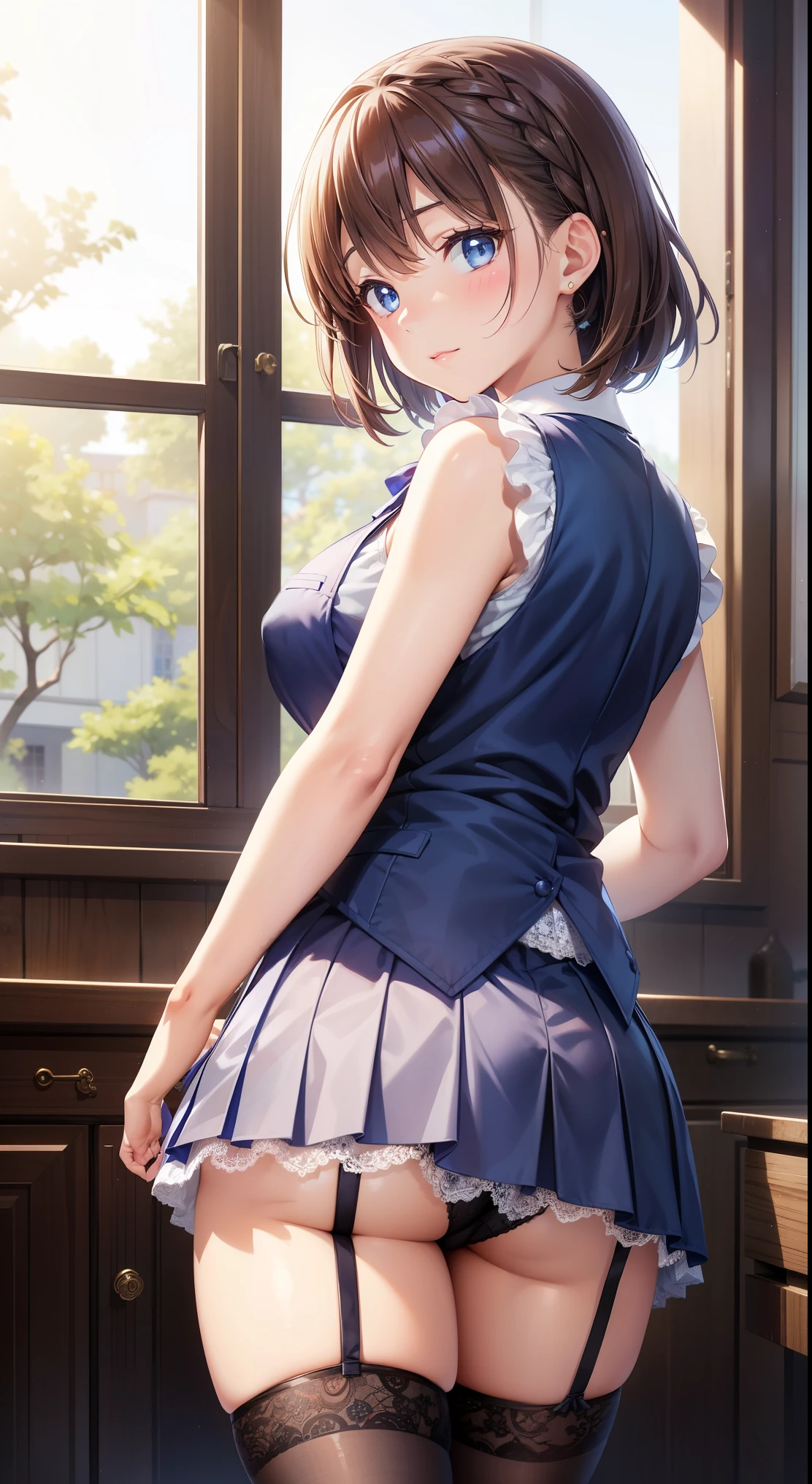 1girl, natural lighting, masterpiece, highly detailed, illustration, game CG, absurdres, high quality, aichan, large breasts, blue eyes, beautiful detailed eyes, short brown hair, side braid, hostess club, waistcoat, miniskirt, thigh highs, sleeveless, looking back at viewer, leaning forward, lace panties