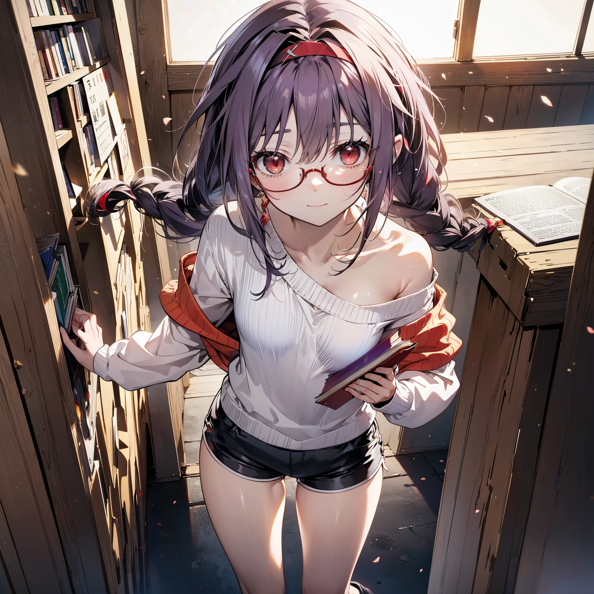 yuukikonno, Konno Yuuki, hair band, Long Hair, Pointed Ears, Purple Hair, (Red eyes:1.5), (Small breasts:1.2), Close your mouth,smile、,Long braids,Black-rimmed glasses,Oversized one-shoulder sweater,Shorts,short boots,Holding a book in both arms,
break looking at viewer, whole body,(Cowboy Shot:1. 5)
break indoors, figure書館,
break (masterpiece:1.2), highest quality, High resolution, unity 8k wallpaper, (figure:0.8), (Beautiful fine details:1.6), Highly detailed face, Perfect lighting, Highly detailed CG, (Perfect hands, Perfect Anatomy),