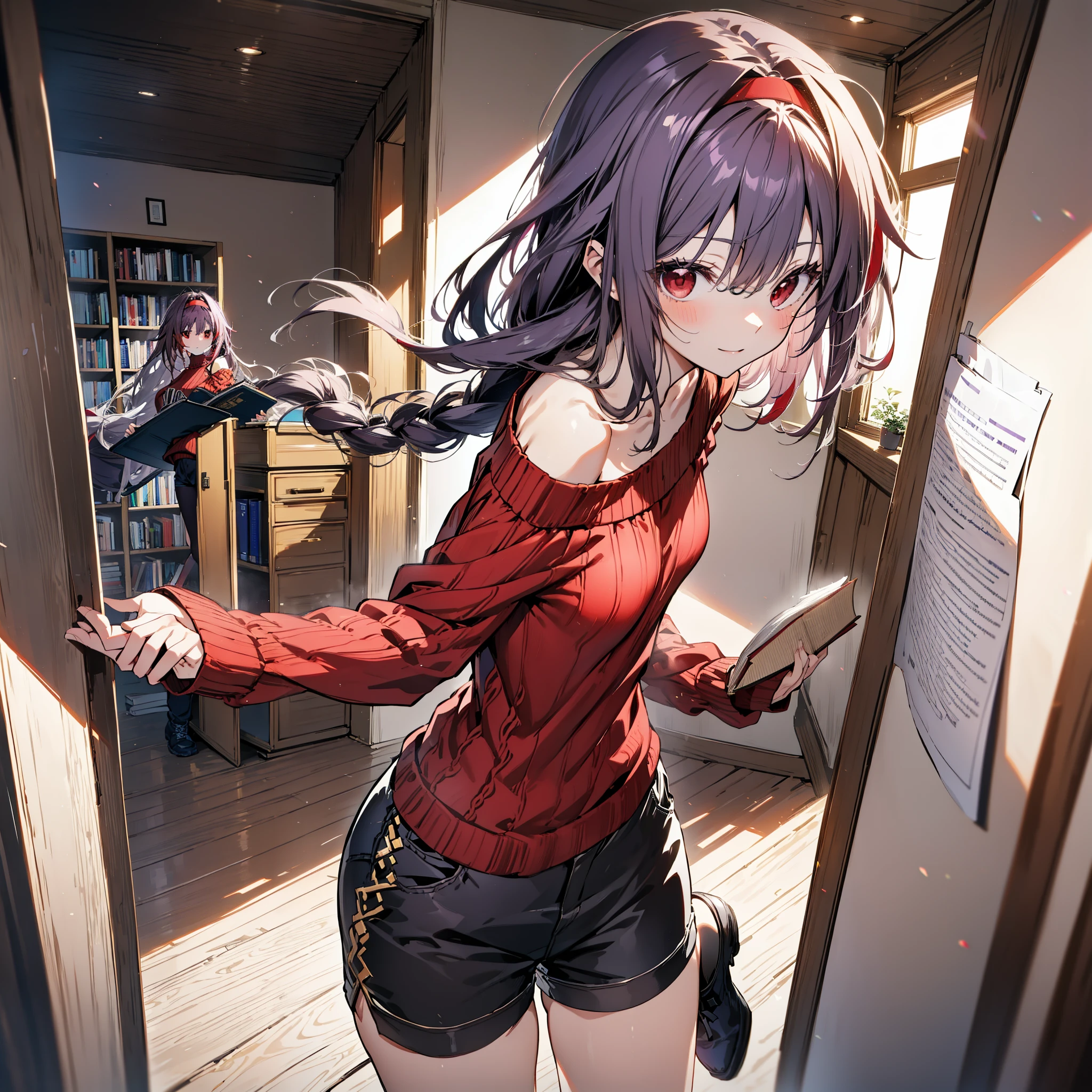 yuukikonno, Konno Yuuki, hair band, Long Hair, Pointed Ears, Purple Hair, (Red eyes:1.5), (Small breasts:1.2), Close your mouth,smile、,Long braids,Black-rimmed glasses,Oversized one-shoulder sweater,Shorts,short boots,Holding a book in both arms,
break looking at viewer, whole body,(Cowboy Shot:1. 5)
break indoors, figure書館,
break (masterpiece:1.2), highest quality, High resolution, unity 8k wallpaper, (figure:0.8), (Beautiful fine details:1.6), Highly detailed face, Perfect lighting, Highly detailed CG, (Perfect hands, Perfect Anatomy),