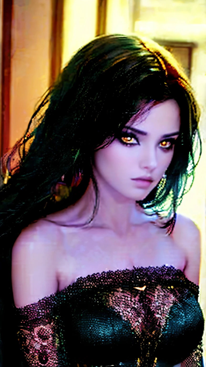 Woman with black hair, golden eyes and wearing dark clothing 