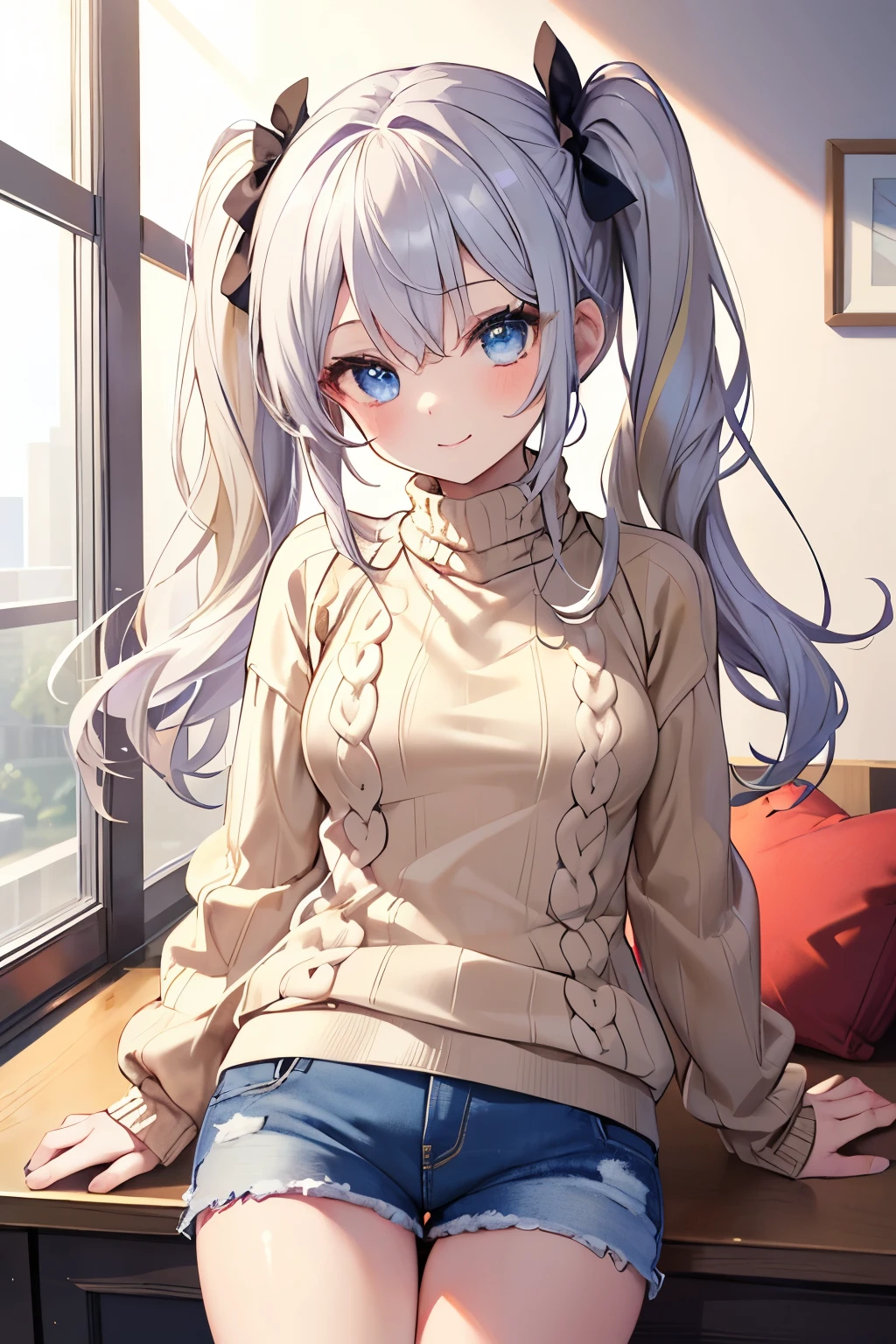 Silver Hair、Blue Eyes、girl、Small breasts、Twin tails、girl、Small breasts、Lolita、Bright smile、Looks about 15 years old、Petan Musume、short、目のhighlight、Sexy thighs、(Long knit sweater with beige high neck:1.4), ,(Blue jeans fabric shorts),Your eyes are so beautiful、highlight