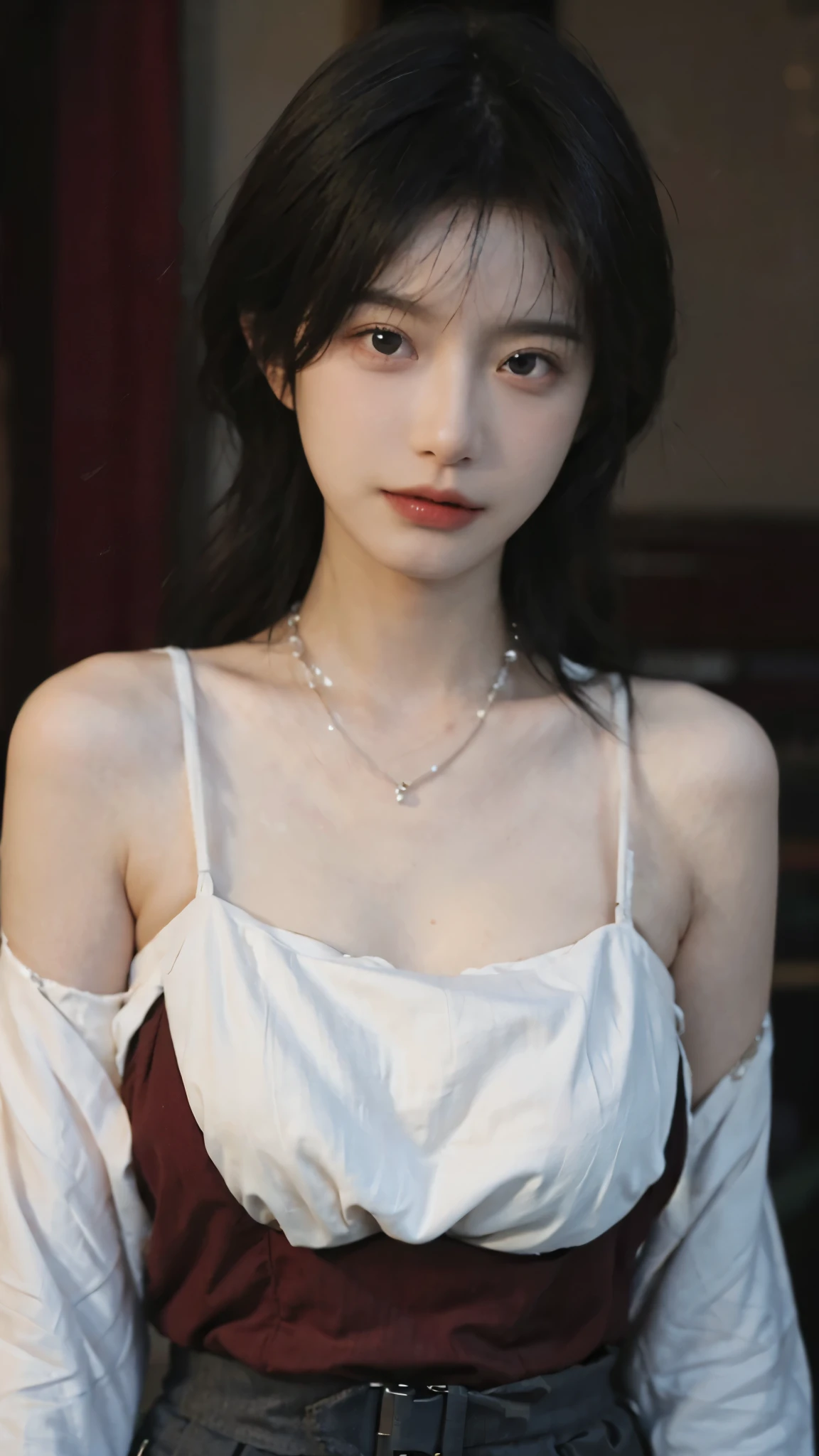 Film portrait photography, 2 girls, Bare shoulders,Lipstick,(flat chest:1.4), Wear a necklace,Cute expression,Exquisite makeup,Red suspenders,serene, calm, (Realistic and detailed eyes, Natural skin texture, Realistic facial details), Big breasts:1.6,Big Breasts,Soft dramatic lighting, Depth of Field, Bokeh, Vibrant details, Detailed and detailed, Surreal, 35mm film, hazy, ,