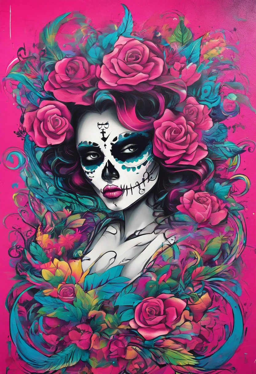 Uma caveira em chamas e petelas de rosa caindo ao fundo com a caveira flutuando