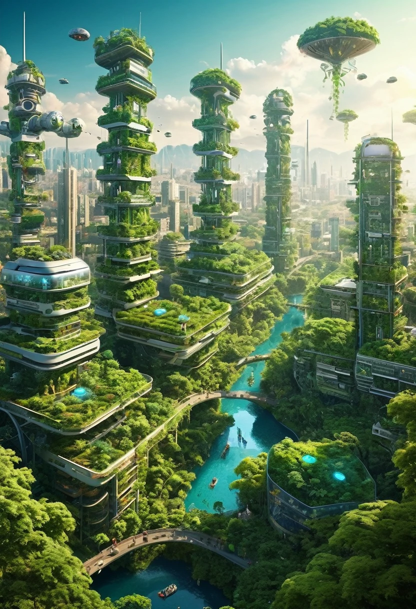 surreal landscape, technological city together with vegetation, robots and humans living together,