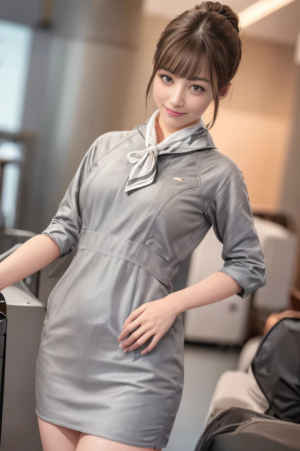 (masterpiece:1.2、highest quality:1.2)、32K HDR、High resolution、(alone、1 girl、Slim figure)、(Realistic style with Starlux Airlines uniform)、 (In the airport lounge, Professional Lighting)、Airport Lounge Background、A proper woman, Beautiful Face,、(Starlux Airlines silver uniform:1.4)、(Starlux Airlines silver uniform with short sleeves)、(scarf on chest)、Big Breasts、(Long Hair Up、Hair Bun)、Dark brown hair、Long Shot、((Great hands:2.0))、((Harmonious body proportions:1.5))、((Normal limbs:2.0))、((Normal finger:2.0))、((Delicate eyes:2.0))、((Normal eyes:2.0)))、Beautiful standing posture、smile,Place your hands around your stomach