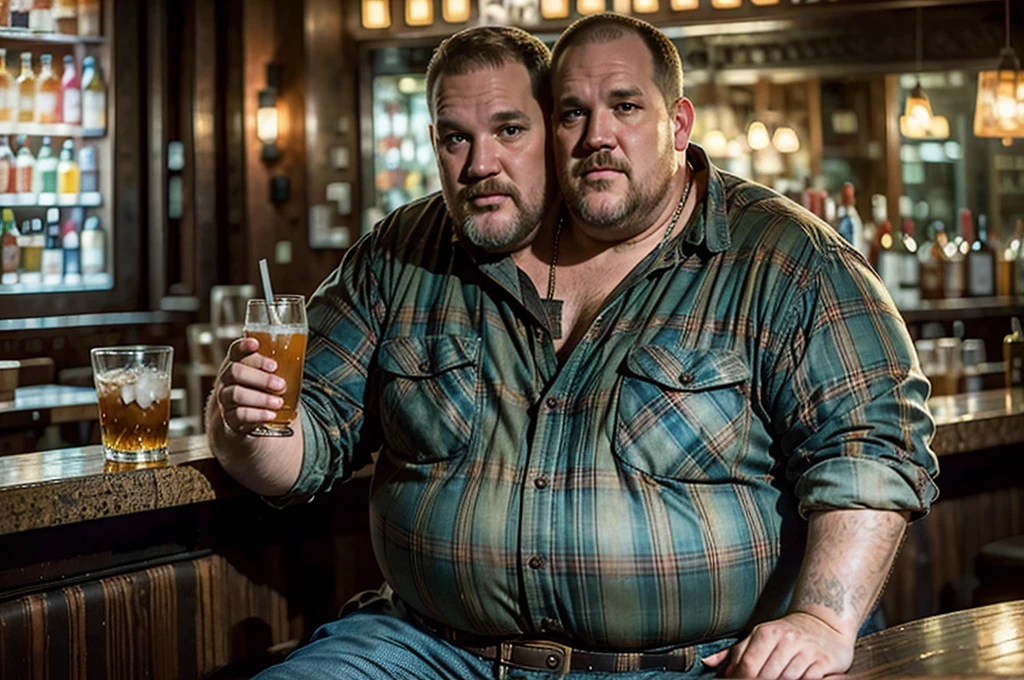 (((2heads))), solo, ((((larry the cable guy)))), middle aged, male, short graying hair, (((obese, overweight, fat, chubby, heavy, dadbod))), ((flannel shirt, jeans, belt)), epic realistic, hdr, intricate, highly detailed, (depth of field:1.4), faded, (neutral colors:1.2), (hdr:1.4), (muted colors:1.2), hyperdetailed, (artstation:1.4), cinematic, (intricate details:1.1), dark bar scenery, (rutkowski:0.66), (intricate details) (skin texture:1.2), detailed expressions, natural pose, sitting at bar, holding drinks