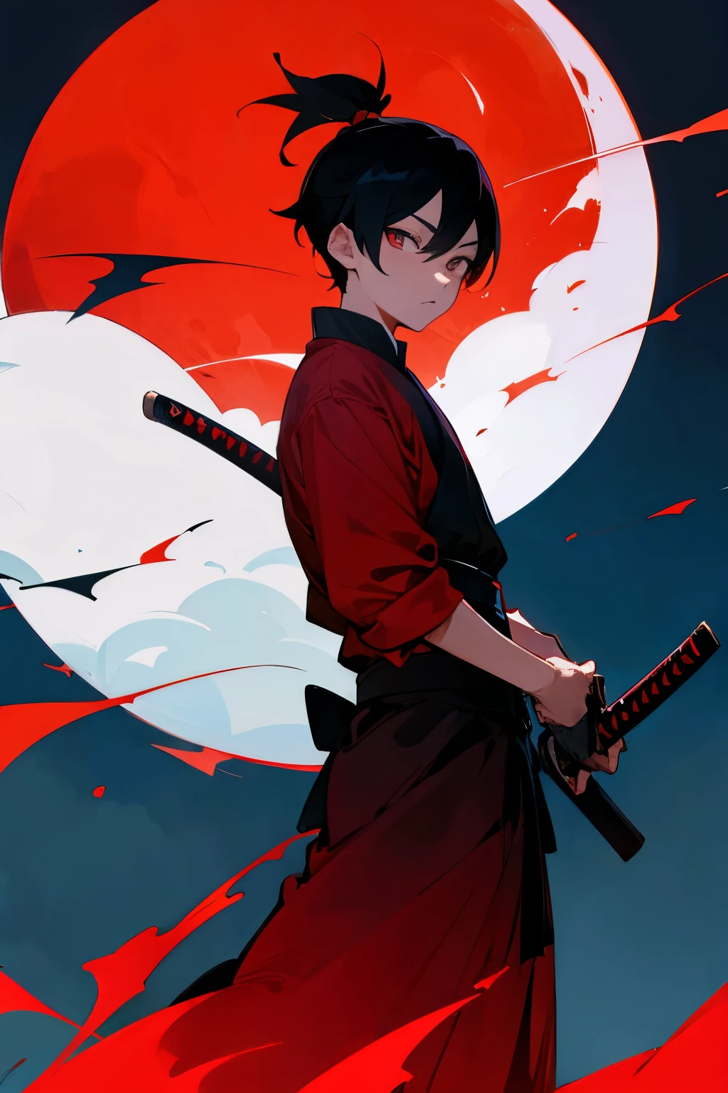 A boy with a katana standing against demon army and the moon is red shiny and full