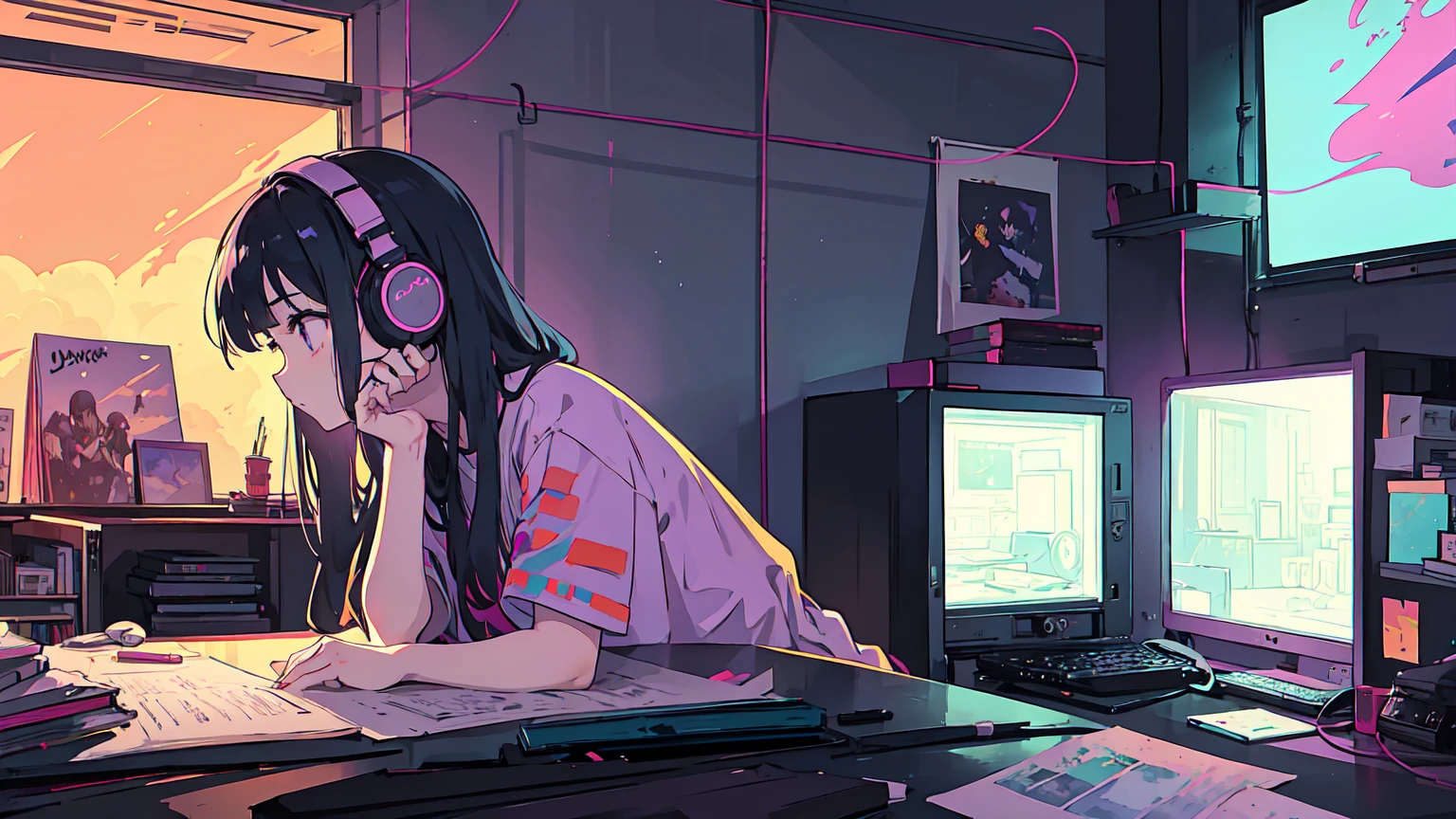 Ultra wide angle (Stay night), Girl studying in her room, Reading a book, Wear headphones, , night lights, Neon landscape on a rainy day, Analog Color Theme, Lo-Fi Hip Hop , Retrospective, Flat, 2.5D ,Draw a line, Ink drawing, Large gradient, Watercolor painting, Studio Ghibli style, Awesome colorful, Outer Ton, Synth Wave, lo-fi art,90s style, Old textures, amplitude,90s atmosphere, master piece, Incredible technology, 16:9 scale