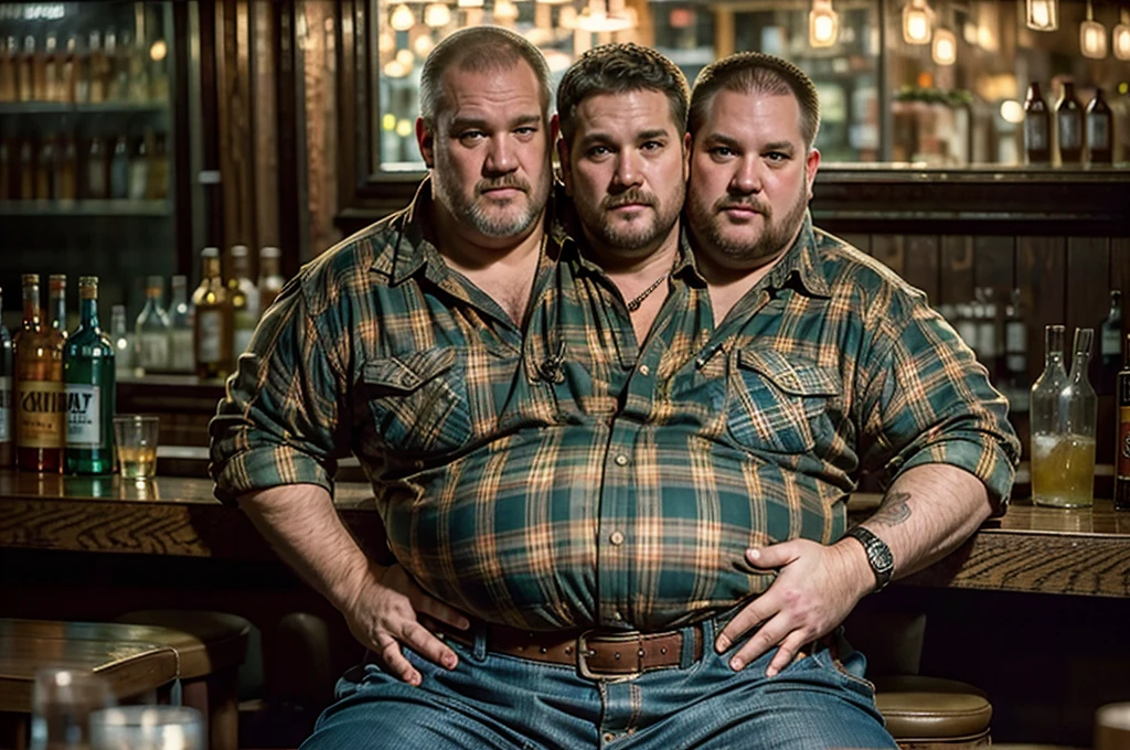 (((2heads))), solo, ((((larry the cable guy)))), middle aged, male, short graying hair, (((obese, overweight, fat, chubby, heavy, dadbod))), ((flannel shirt, jeans, belt)), epic realistic, hdr, intricate, highly detailed, (depth of field:1.4), faded, (neutral colors:1.2), (hdr:1.4), (muted colors:1.2), hyperdetailed, (artstation:1.4), cinematic, (intricate details:1.1), dark bar scenery, (rutkowski:0.66), (intricate details) (skin texture:1.2), detailed expressions, natural pose, sitting at bar, holding drinks