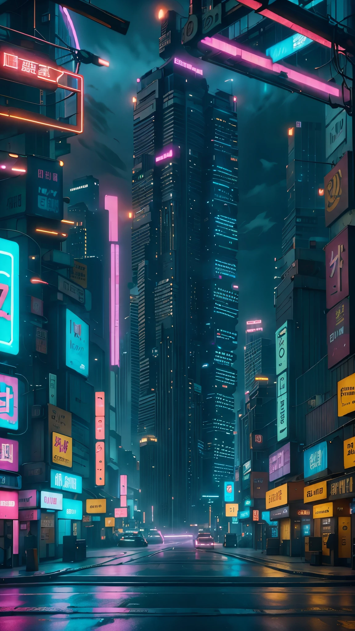 Neon city, neon lights in fuchsia and sky blue, black buildings, tall buildings, dark night, Japanese letters