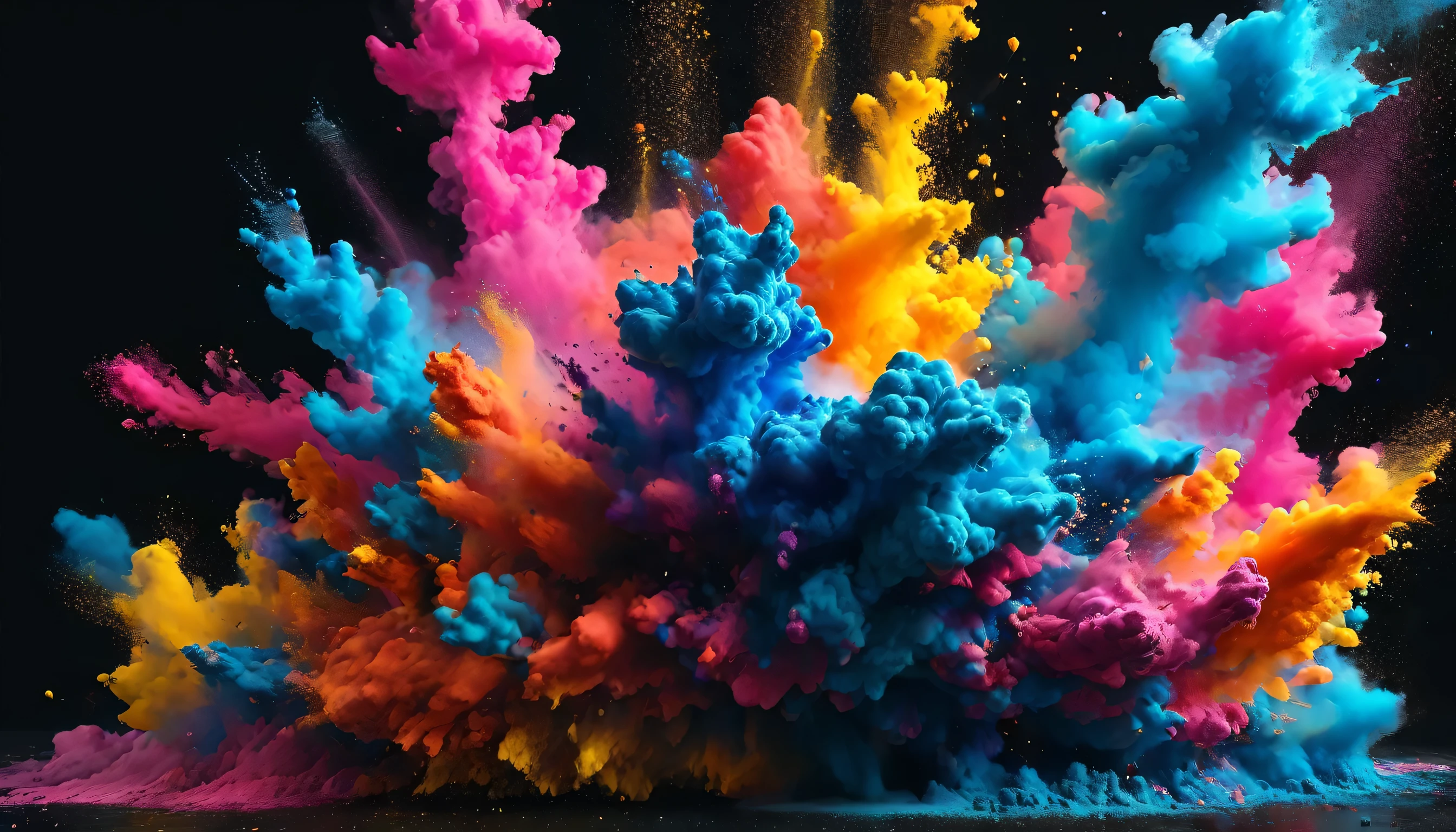 The colorful paint explosion looks realistic, isolated on a black background. Abstract colored background, Explosion of colorful powder, with 3D rendering effect