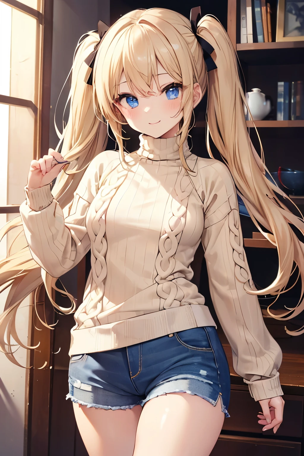 Blonde、Blue Eyes、girl、Small breasts、Twin tails、girl、Small breasts、Lolita、Bright smile、Looks about 15 years old、Petan Musume、short、目のhighlight、Sexy thighs、(Long knit sweater with beige high neck:1.4), ,(Blue jeans fabric shorts),Your eyes are so beautiful、highlight