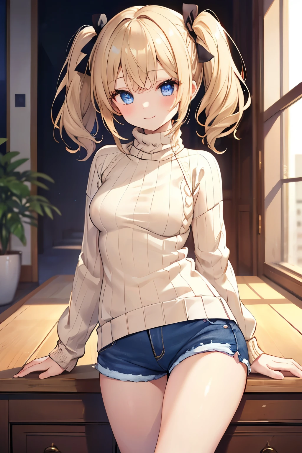 Blonde、Blue Eyes、girl、Small breasts、Twin tails、girl、Small breasts、****ta、Bright smile、Looks about 15 years old、Petan Musume、short、目のhighlight、Sexy thighs、(Long knit sweater with beige high neck:1.4), ,(Blue jeans fabric shorts),Your eyes are so beautiful、highlight