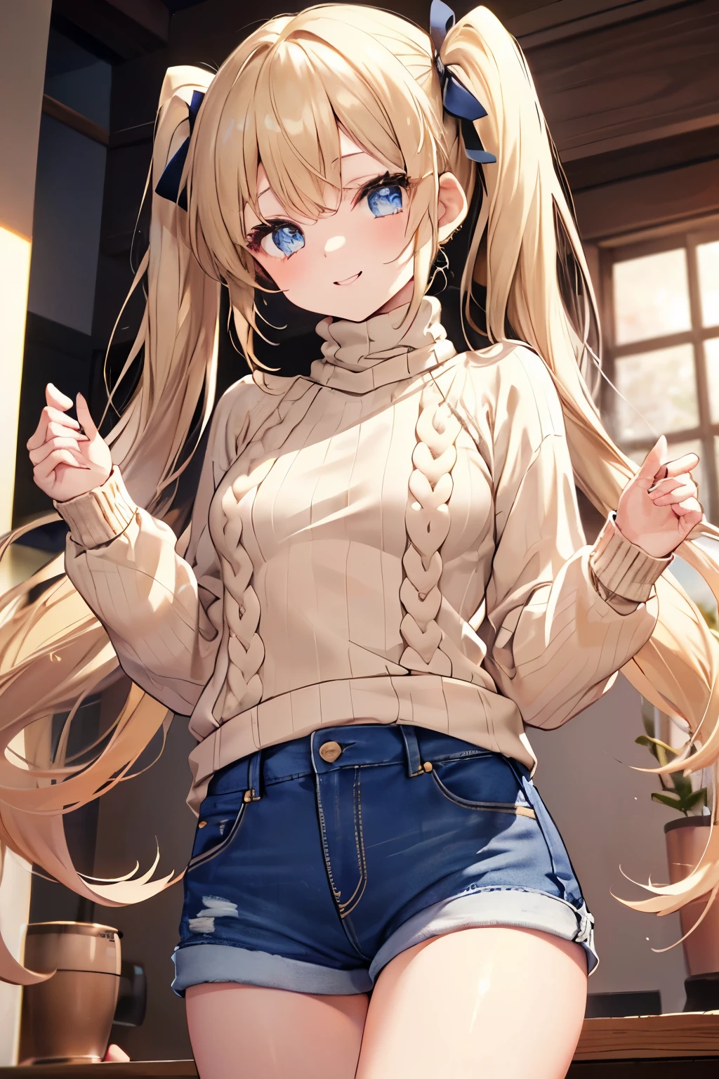 Blonde、Blue Eyes、girl、Small breasts、Twin tails、girl、Small breasts、Lolita、Bright smile、Looks about 15 years old、Petan Musume、short、目のhighlight、Sexy thighs、(Long knit sweater with beige high neck:1.4), ,(Blue jeans fabric shorts),Your eyes are so beautiful、highlight