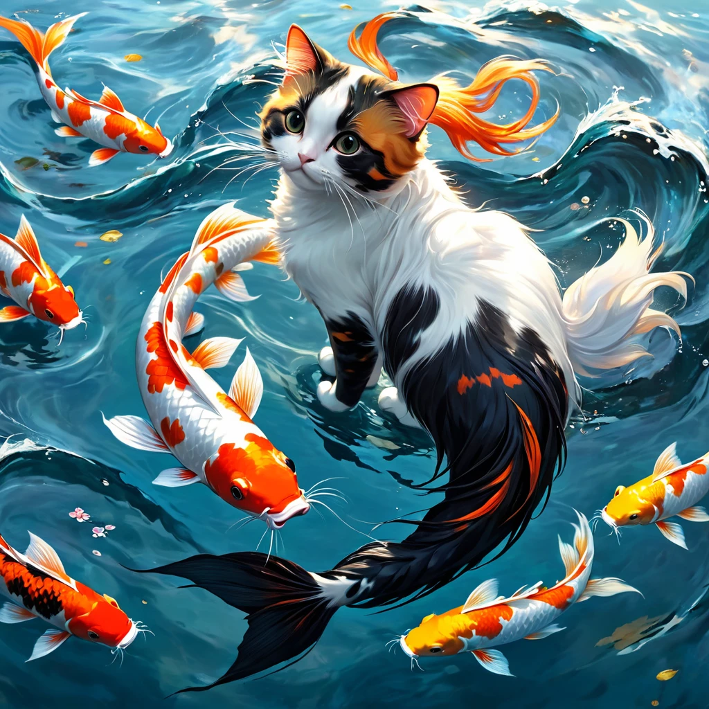 Fishtail cat in the sea，Big koi，黑色的Big koi