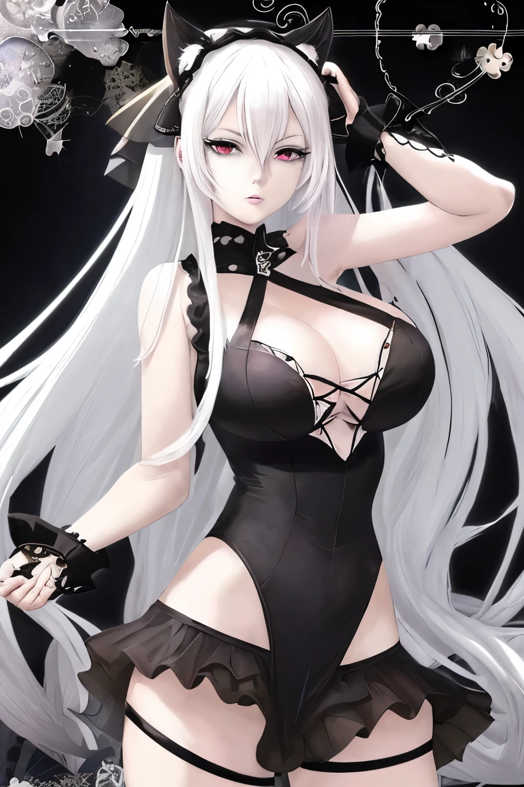 anime girl with white hair and black eye posing for the camera, Charming anime girl, white haired god, anime goddess, beautiful anime womancharming, perfect white haired girl, Ahegao, Azure Lane Style, girl with white hair, Detailed digital anime art, From the video game Azur Lane, beautiful anime woman, beautiful anime girl, image of knight of the zodiac black cat ears