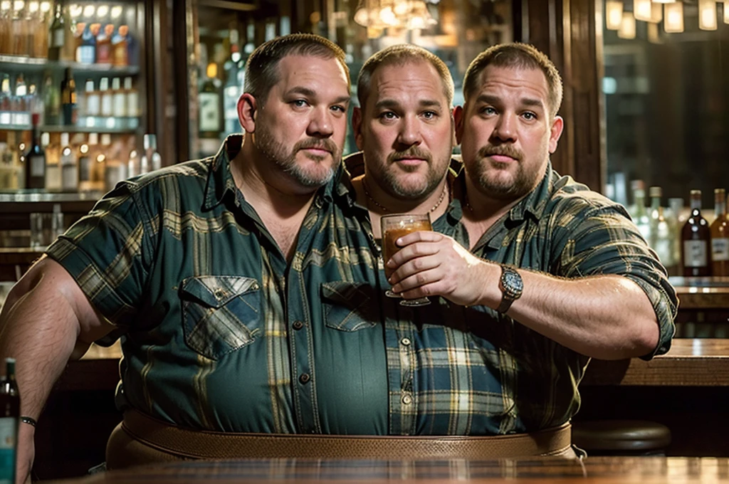 (((2heads))), solo, ((((larry the cable guy)))), middle aged, male, short graying hair, (((obese, overweight, fat, chubby, heavy, dadbod))), ((flannel shirt, jeans, belt)), epic realistic, hdr, intricate, highly detailed, (depth of field:1.4), faded, (neutral colors:1.2), (hdr:1.4), (muted colors:1.2), hyperdetailed, (artstation:1.4), cinematic, (intricate details:1.1), dark bar scenery, (rutkowski:0.66), (intricate details) (skin texture:1.2), detailed expressions, natural pose, sitting at bar, holding drinks