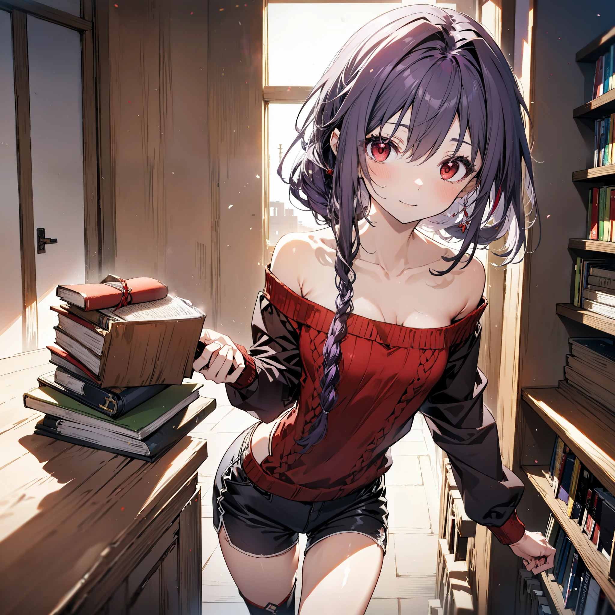 yuukikonno, Konno Yuuki, hair band, Long Hair, Pointed Ears, Purple Hair, (Red eyes:1.5), (Small breasts:1.2), Close your mouth,smile、,Long braids,Black-rimmed glasses,Oversized one-shoulder sweater,Shorts,short boots,Holding a book in both arms,
break looking at viewer, whole body,(Cowboy Shot:1. 5)
break indoors, figure書館,
break (masterpiece:1.2), highest quality, High resolution, unity 8k wallpaper, (figure:0.8), (Beautiful fine details:1.6), Highly detailed face, Perfect lighting, Highly detailed CG, (Perfect hands, Perfect Anatomy),