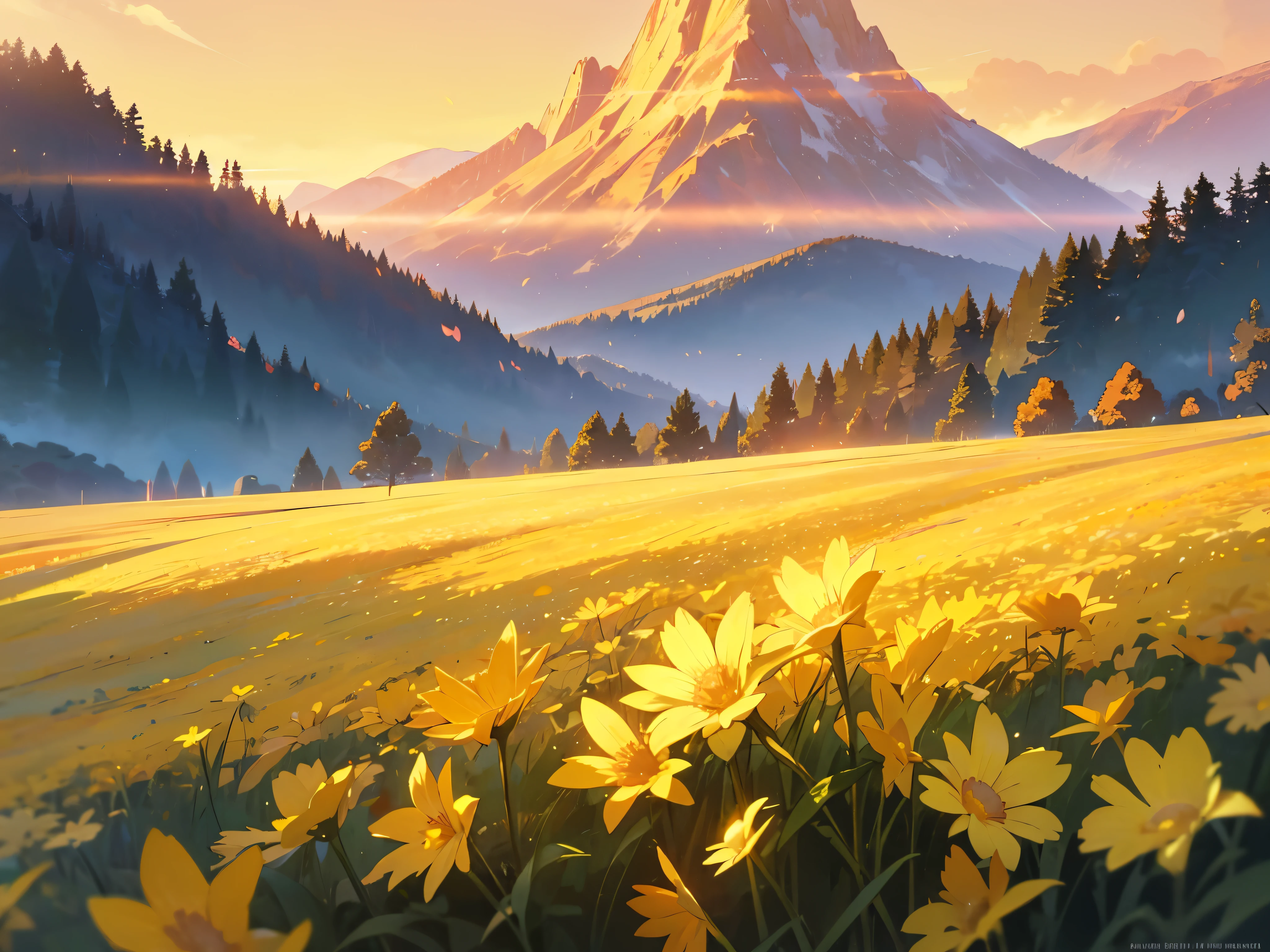 a close up of a field of flowers with a mountain in the background, stunning nature in background, warm beautiful scene, beatiful mountain background, natural landscape beauty, majestic nature scenery, heavenly landscape, yellow radiant magic, really beautiful nature, yellow mist, very beautiful photo, nature wallpaper, breathtaking landscape, golden morning light, beautiful wallpaper, yellow sky, golden rays of sunlight