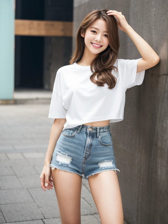 Full-body photo, Standing posture, masterpiece, highest quality, Original photo, 超High resolution, 1 girl, curl, Long, brown hair, perfect fingers, slim legs., Perfect big smile, Intricate details , Detailed Background, Detailed skin, pores, High resolution, High Dynamic Range, 美しいmodel, soft ライト on the face, BAPV_model, Split, ((White T-shirt and denim), High heels, Background is a wall