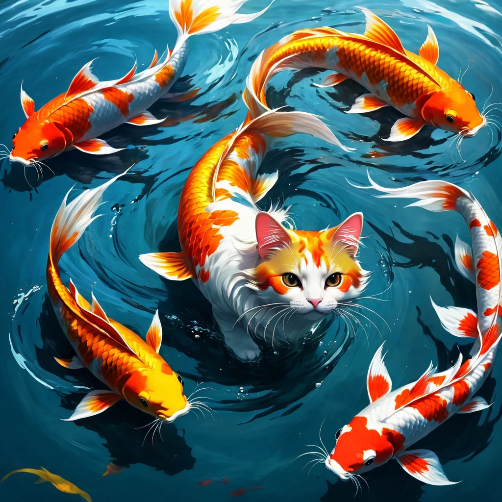 Fishtail cat in the sea，Big koi，Lots of koi，Koi fish in different colors and styles