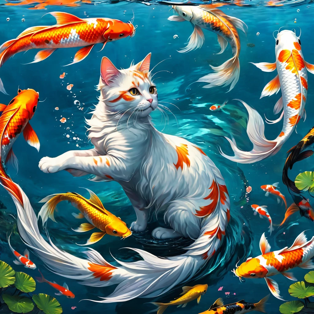 Fishtail cat in the sea,Big koi,Lots of koi,Koi fish in different colors and styles
