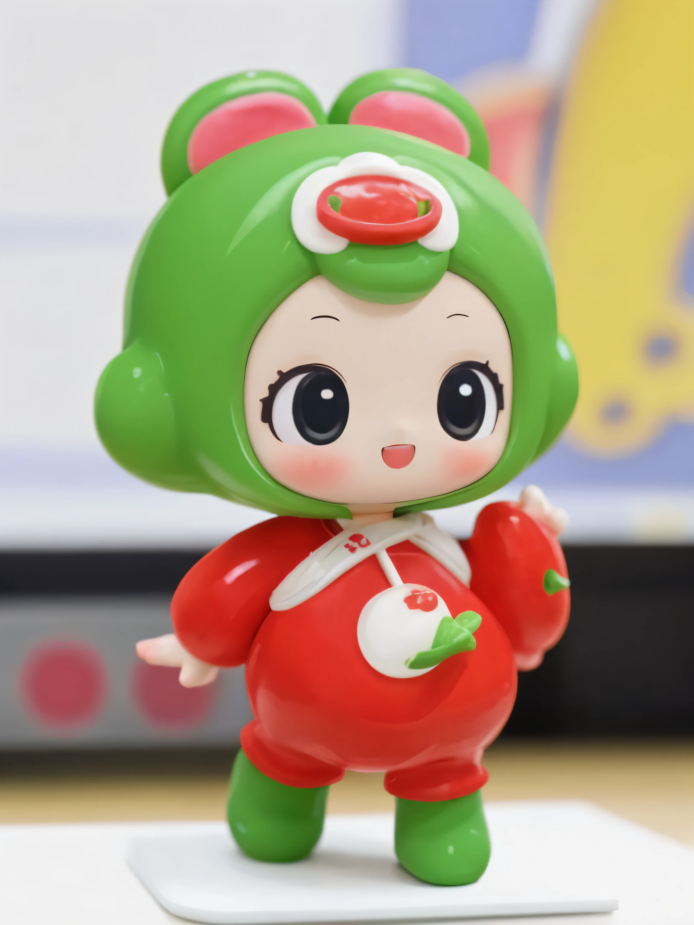 caja ciega、Chica chibi actuando en el escenario、usando un lindo disfraz de frutas、Action with a smile、open your mouth and laugh、Toma una foto desde un lado