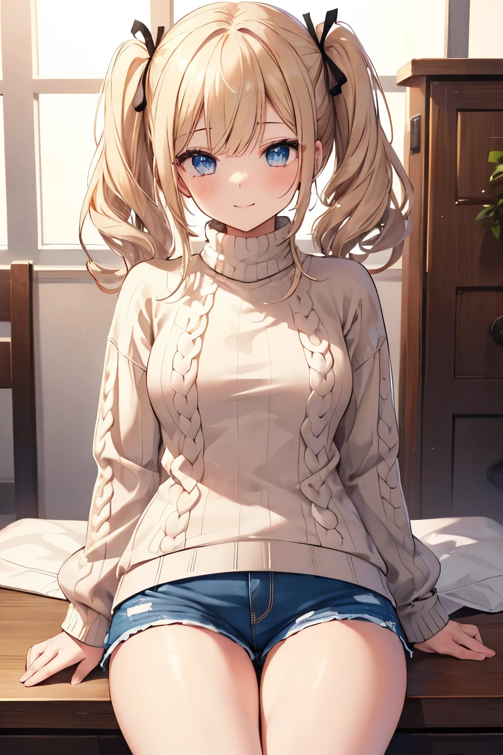 Blonde、Blue Eyes、girl、Small breasts、Twin tails、girl、Small breasts、Lolita、Bright smile、Looks about 15 years old、Petan Musume、short、目のhighlight、Sexy thighs、blue sky、(Long knit sweater with beige high neck:1.4), ,(Blue jeans fabric shorts),Your eyes are so beautiful、highlight