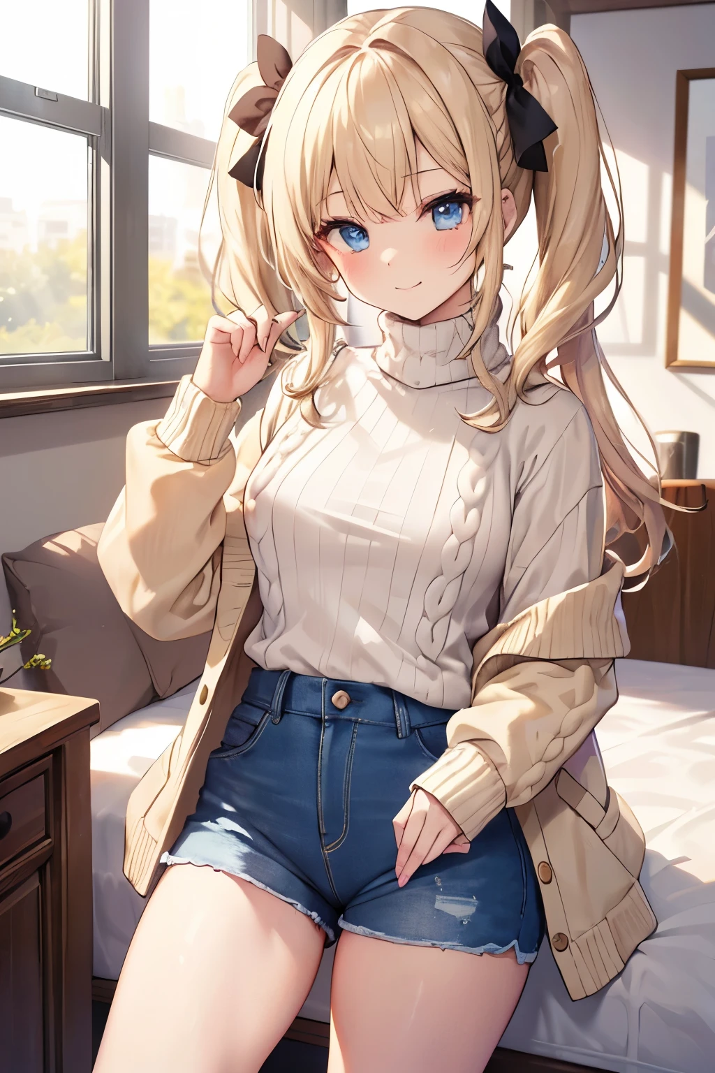 Blonde、Blue Eyes、girl、Small breasts、Twin tails、girl、Small breasts、Lolita、Bright smile、Looks about 15 years old、Petan Musume、short、目のhighlight、Sexy thighs、blue sky、(Long knit sweater with beige high neck:1.4), ,(Blue jeans fabric shorts),Your eyes are so beautiful、highlight