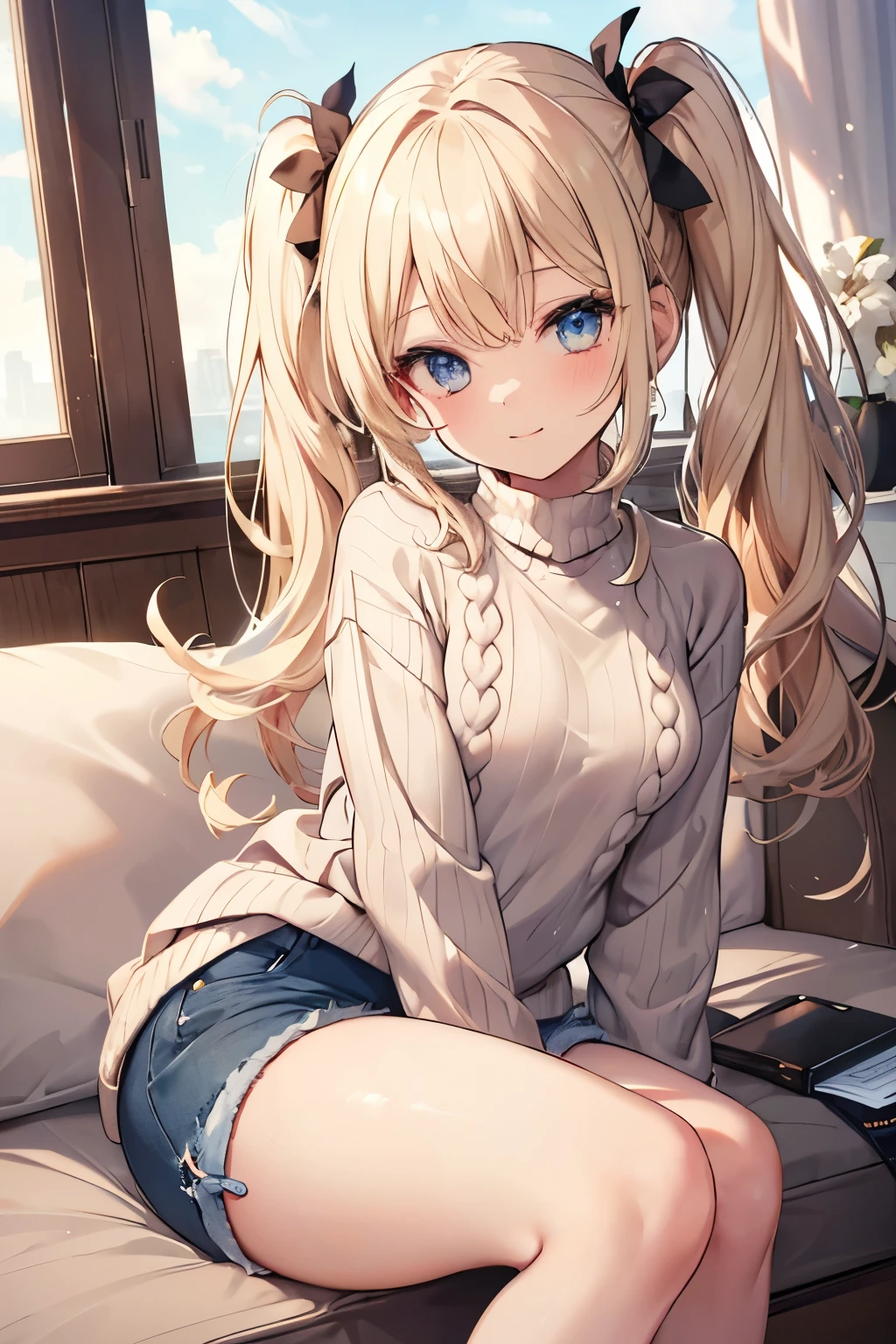 Blonde、Blue Eyes、girl、Small breasts、Twin tails、girl、Small breasts、Lolita、Bright smile、Looks about 15 years old、Petan Musume、short、目のhighlight、Sexy thighs、blue sky、(Long knit sweater with beige high neck:1.4), ,(Blue jeans fabric shorts),Your eyes are so beautiful、highlight
