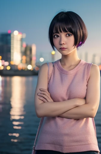 perfect detailed,masterpiece,photographic,8k photo,short hair,black hair,{thick eyeblows},Single,tsurime:1.2,small hoobs,pink ,blue scart,Cross your arms,standing,evening,Eye patch